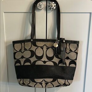 Coach Black and Tan Signature Tote with Leather Accents